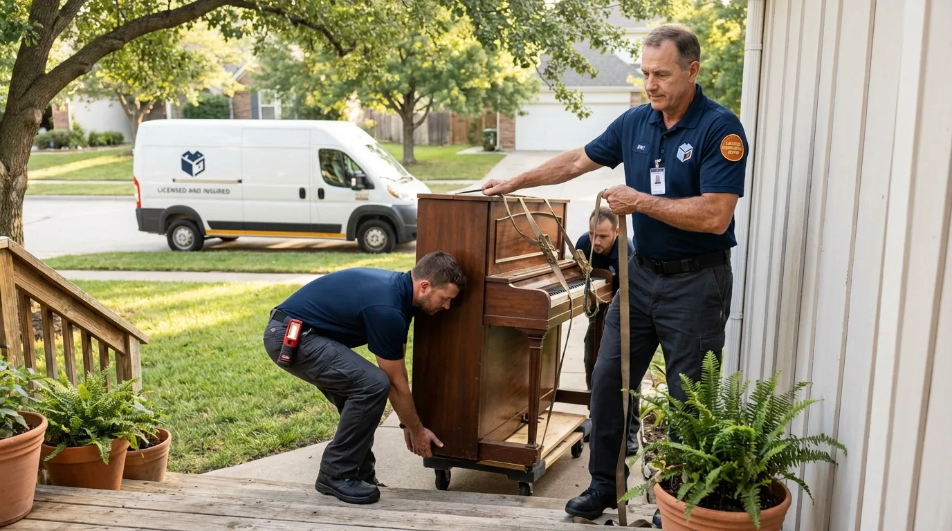 Licensed piano movers securing grand piano in Jim Thorpe, PA