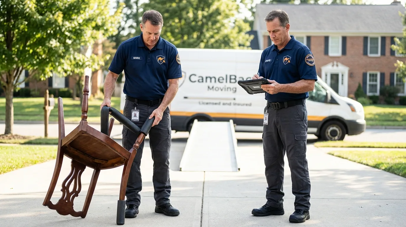 Movers inspecting furniture for damage prevention before loading in Jim Thorpe, PA
