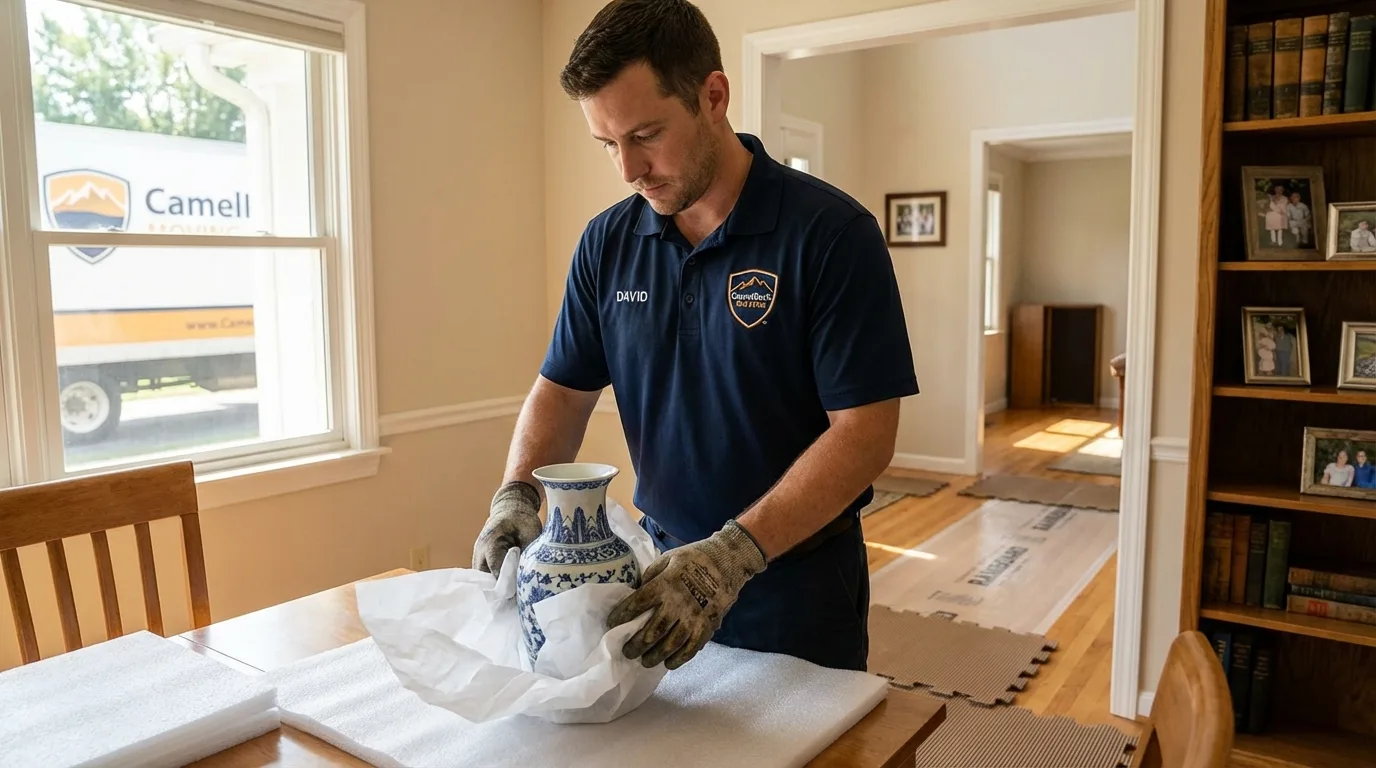 Professional crew carefully wrapping antique vase for senior downsizing move in Jim Thorpe, PA